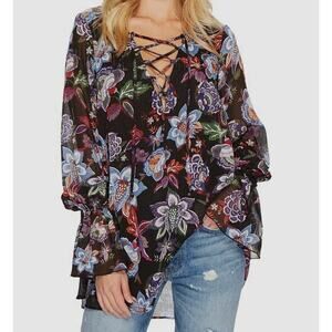 Show Me Your Mumu Perveen Pirate Tunic Top Black Floral Lace Up Size Large